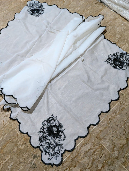 White Voile Lawn 4-Sided Scallop Dupatta with Black Embroidery – Dyeable