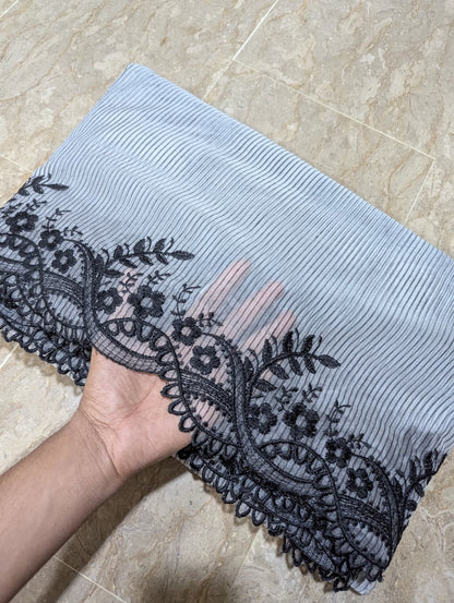Dyeable White Organza with Black Self Lining Scallop Dupatta with Black Embroidery