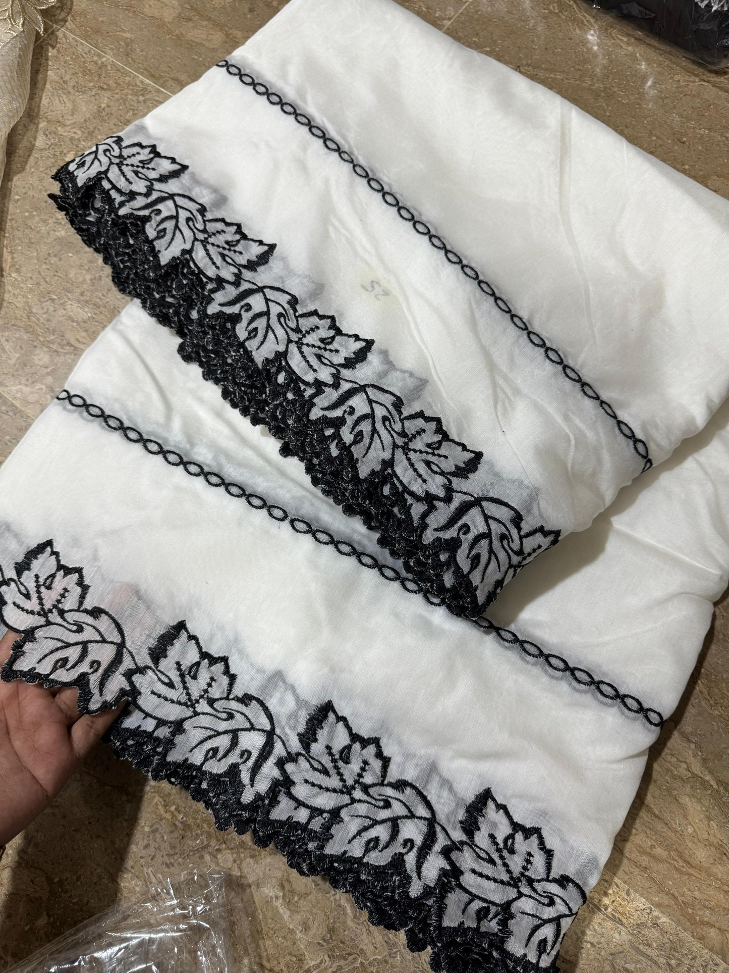 Dyeable White Voile Lawn Scallop Dupatta with Black Embroidery