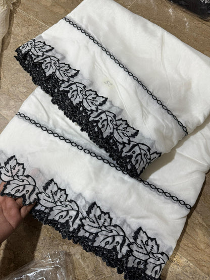 Dyeable White Voile Lawn Scallop Dupatta with Black Embroidery