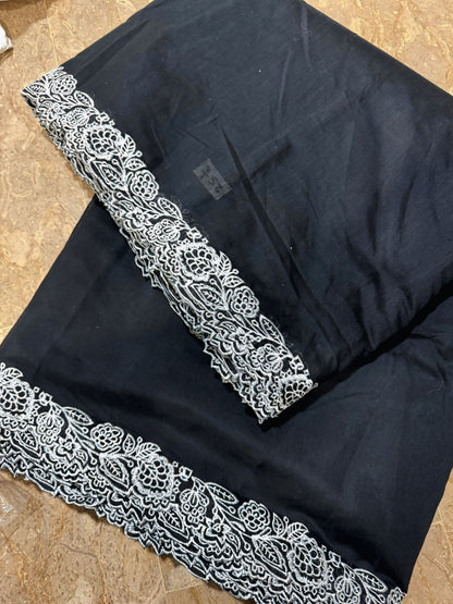 Black Voile Lawn Scallop Dupatta with White Embroidery