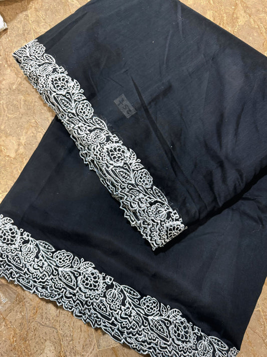 Black Voile Lawn Scallop Dupatta with White Embroidery