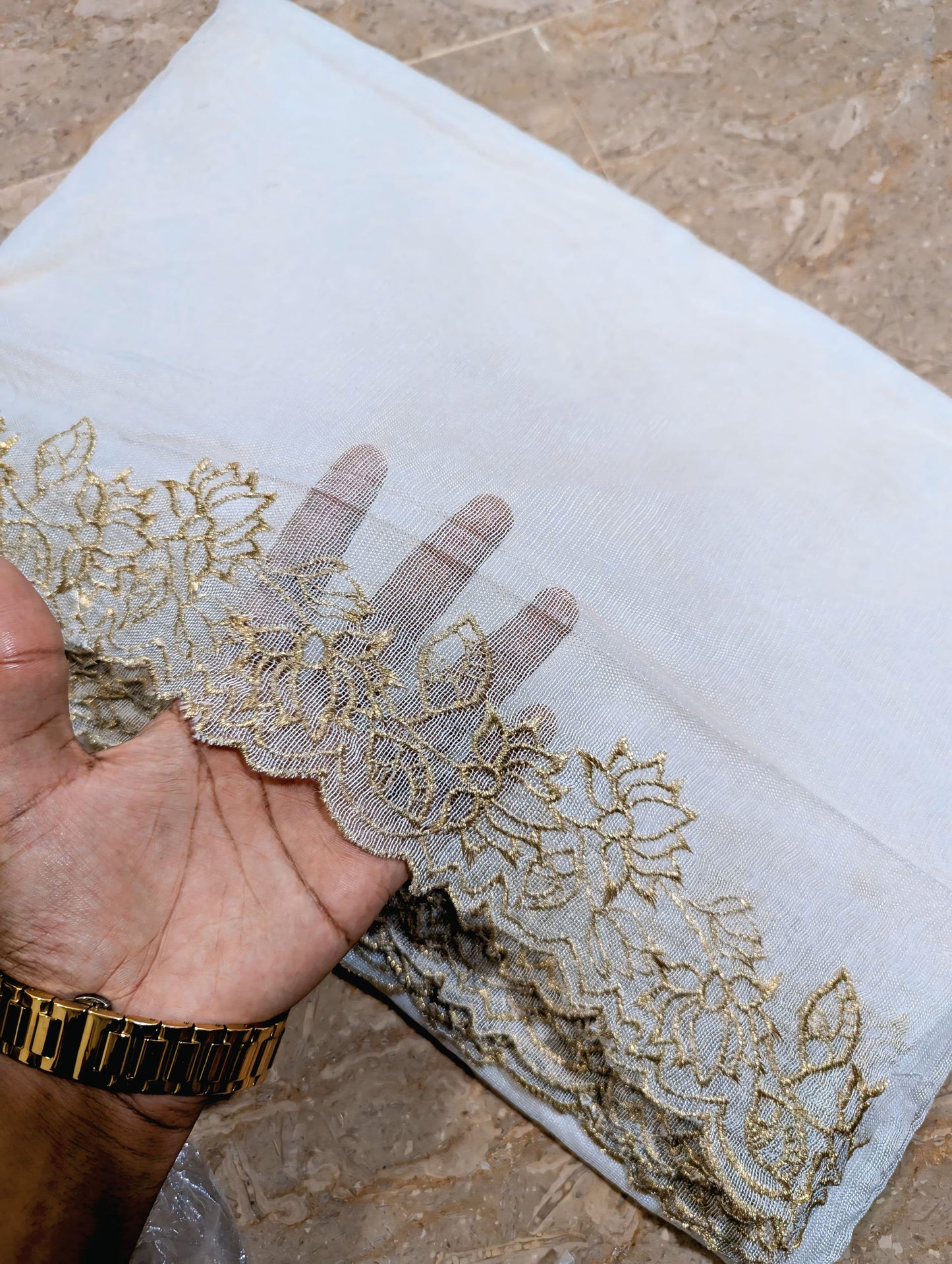 White Embroidered Cutwork Dupatta on Khadi Net with Golden – Dyable