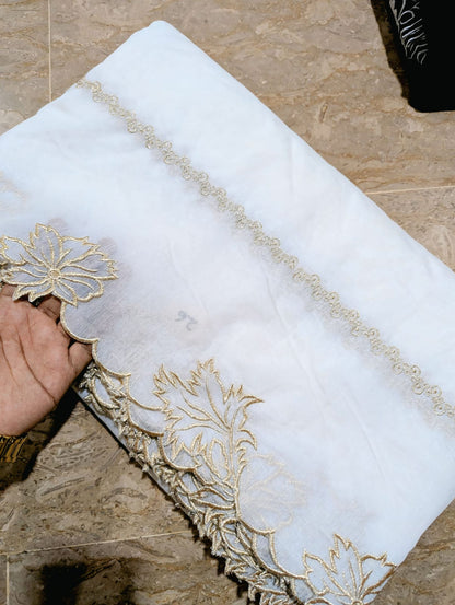 White Voile Lawn Scallop Dupatta with Golden Embroidery – Dyeable