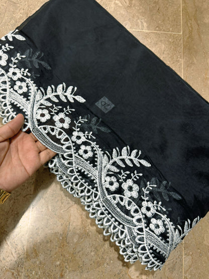 Scallop Embroidered Black Voile Lawn Dupatta – Premium Quality