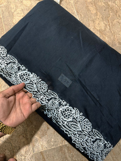 Black Voile Lawn Scallop Dupatta with White Embroidery