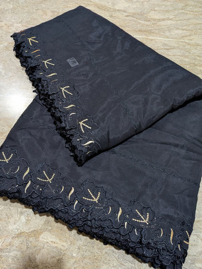 Black Voile Lawn Scallop Dupatta with Black & Golden Zari Two-Tone Embroidery