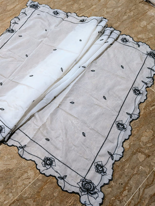 White Voile Lawn 4-Sided Scallop Dupatta with Black Embroidery – Dyeable
