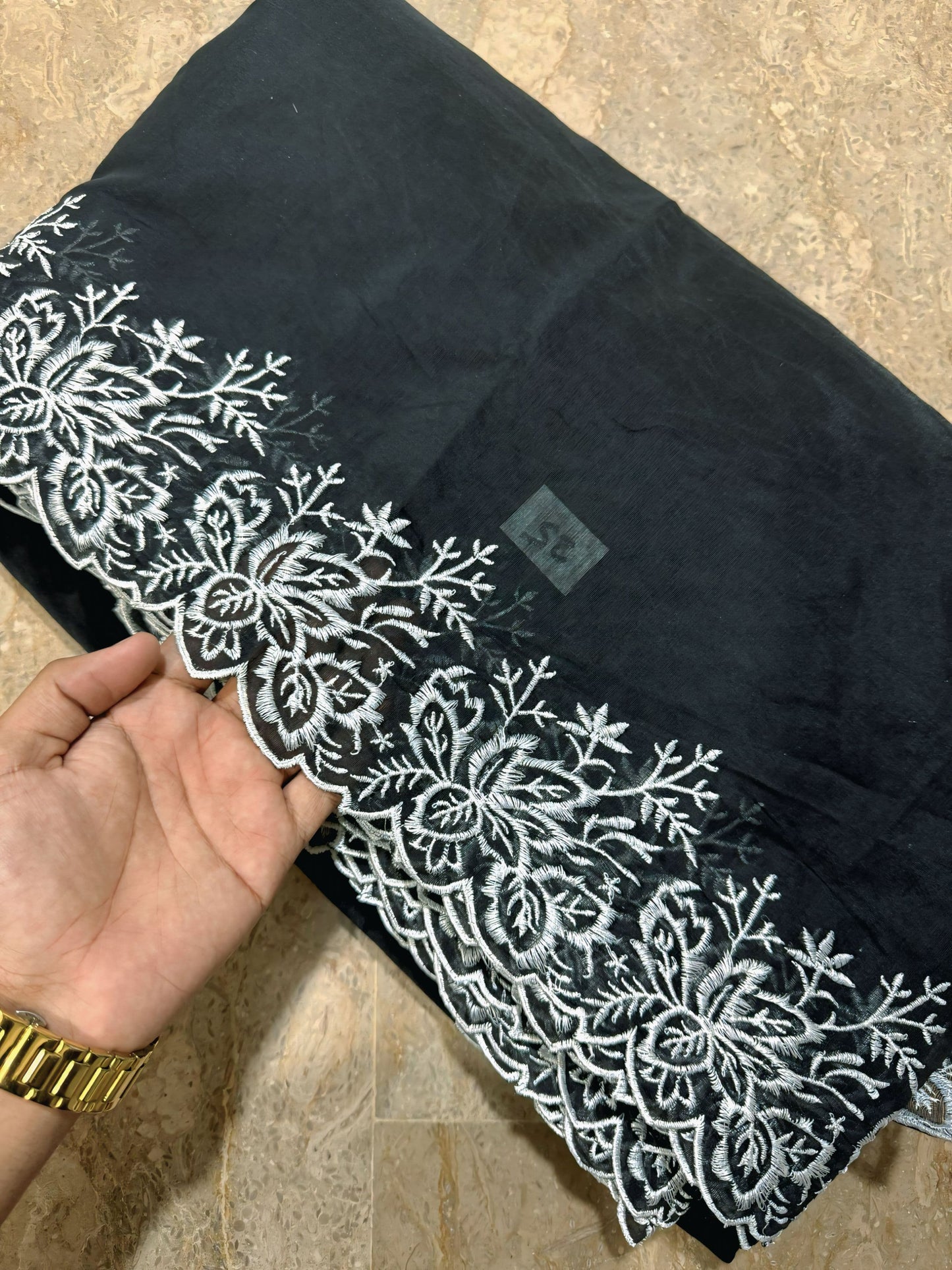 Black Voile Lawn Scallop Dupatta with White Embroidery