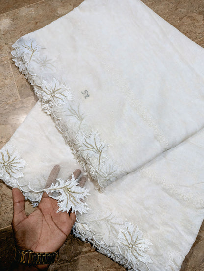 White Khadi Net Scallop Dupatta with White & Golden Two-Tone Embroidery – Dyeable