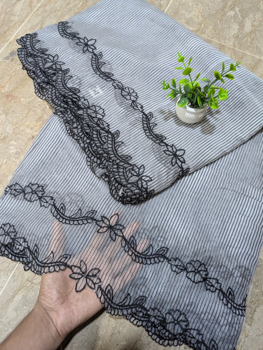 Dyeable White Organza with Black Self Lining Scallop Dupatta with Black Embroidery