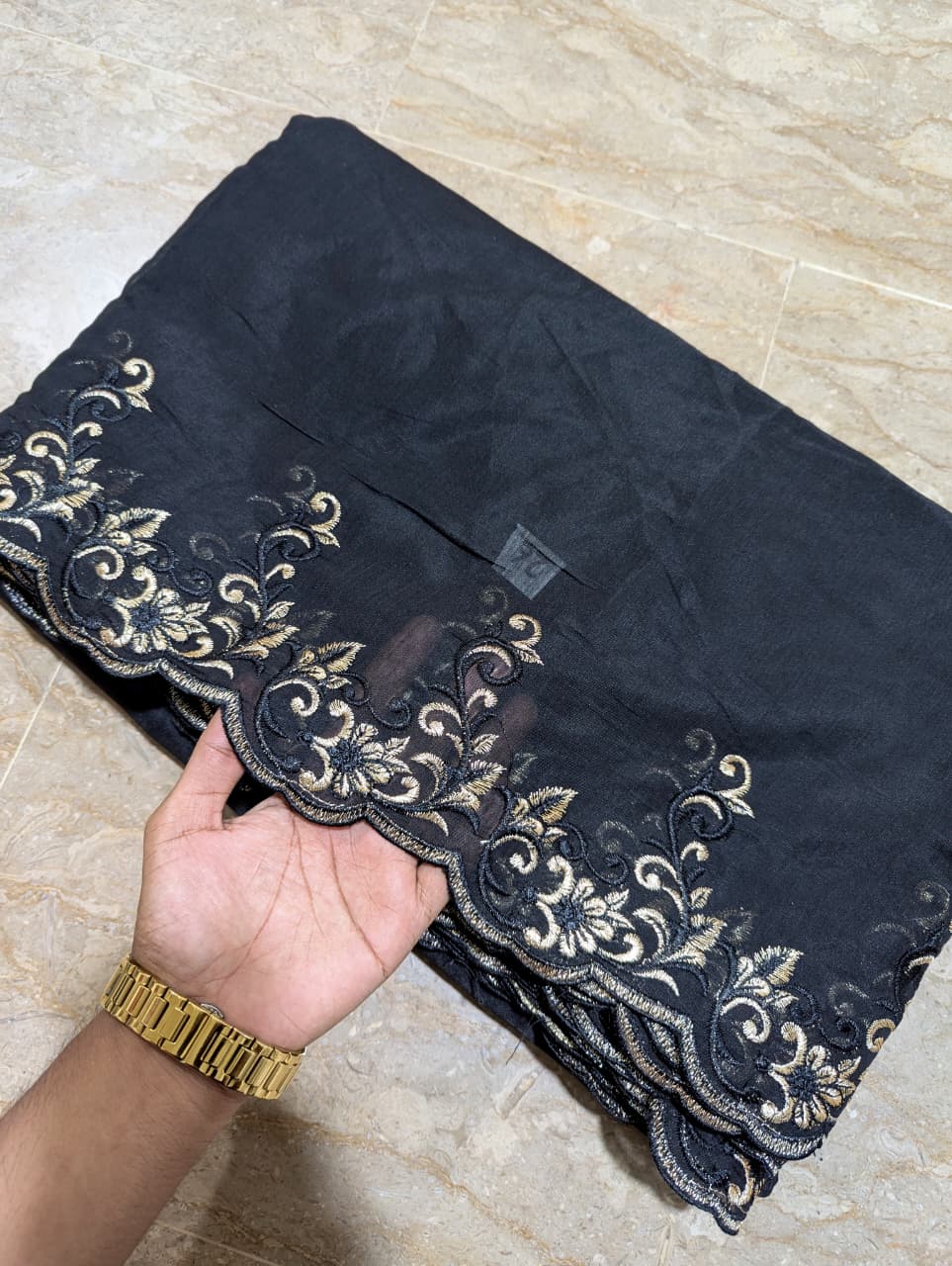 Black Voile Lawn Scallop Dupatta with Black & Golden Zari Two-Tone Embroidery