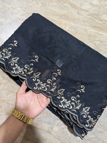 Black Voile Lawn Scallop Dupatta with Black & Golden Zari Two-Tone Embroidery