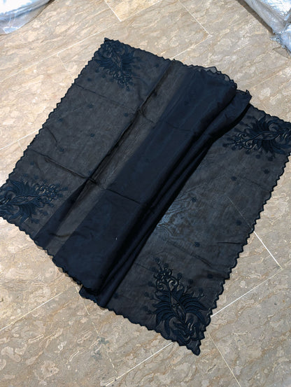 Black Voile Lawn 4-Sided Scallop Dupatta with Black Polyester Embroidery