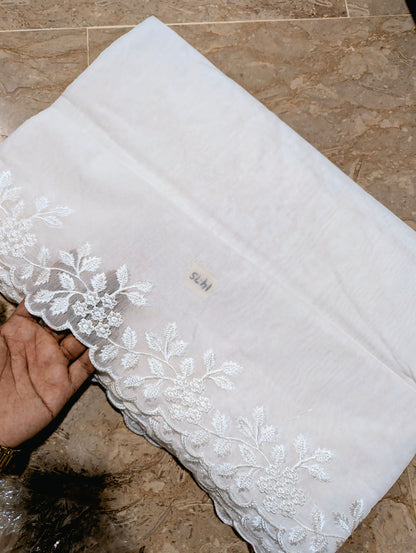 White Voile Lawn Scallop Dupatta with White Viscose Embroidery – Dyeable