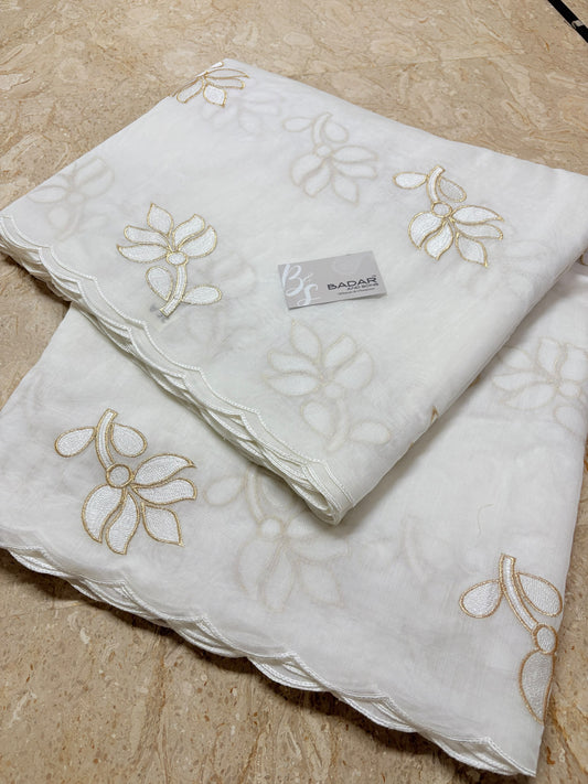 White Voile Lawn Scallop Dupatta with White & Golden Two-Tone Embroidery – Dyeable
