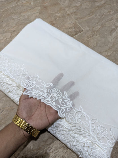 Dyeable White Voile Lawn Scallop Dupatta with White Viscose Embroidery – (D-236)