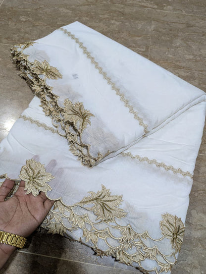 White Voile Lawn Scallop Dupatta with White & Tobacco Zari Two-Tone Embroidery – Dyeable