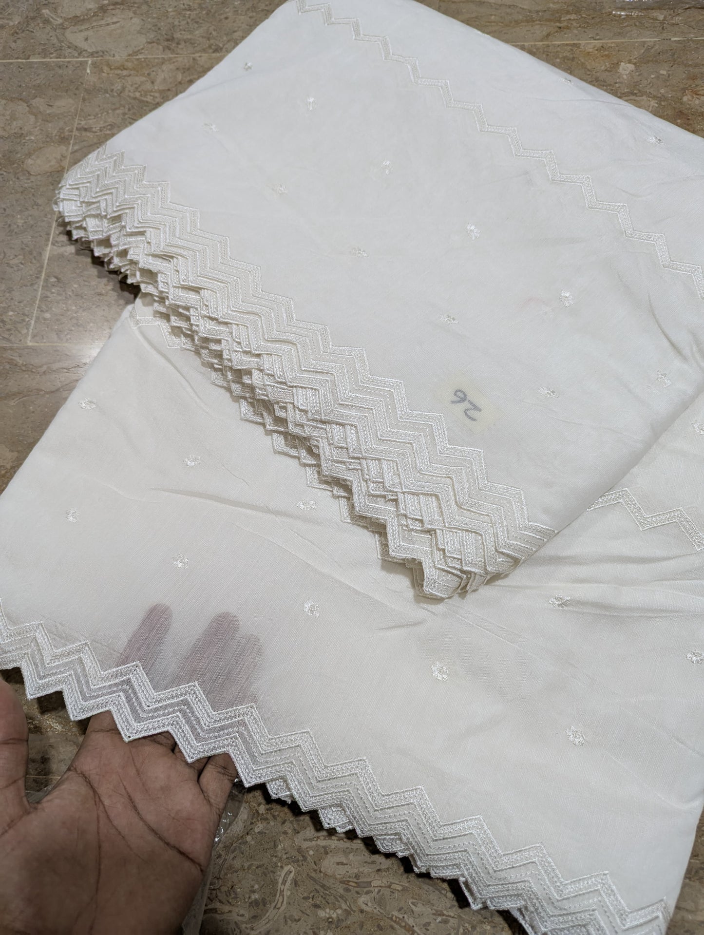 White Voile Lawn Scallop Dupatta with White Viscose Embroidery – Dyeable