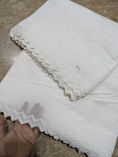 White Voile Lawn Scallop Dupatta with White Viscose Embroidery – Dyeable