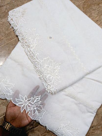 White Voile Lawn Scallop Dupatta with White Viscose Embroidery – Dyeable