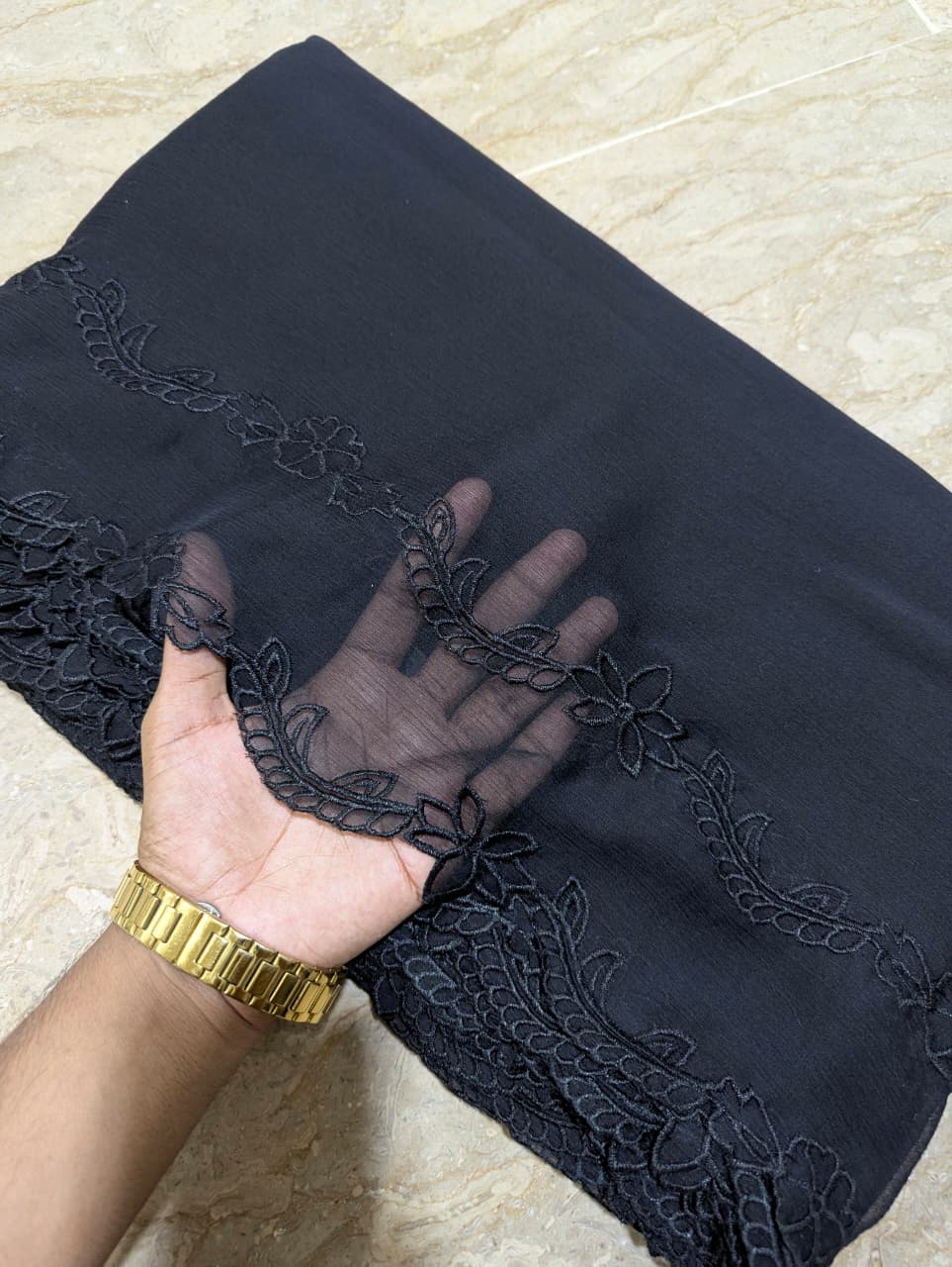 Black Chiffon Cutwork Dupatta with Black Embroidery - Premium Quality