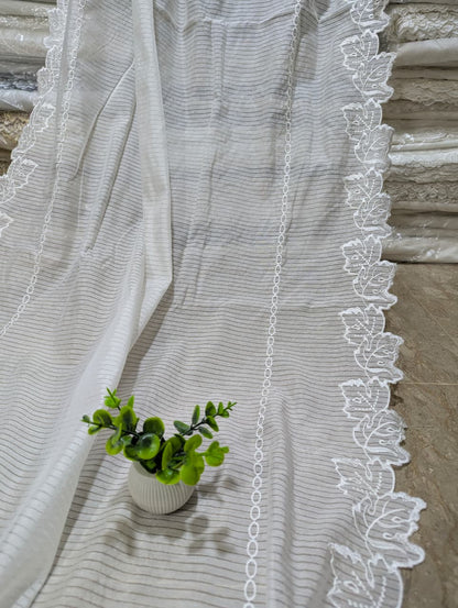 White Self-Lining Voile Lawn Scallop Dupatta with White Viscose Embroidery – Dyeable