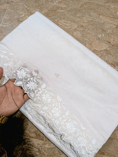 White Voile Lawn Scallop Dupatta with White Viscose Embroidery – Dyeable