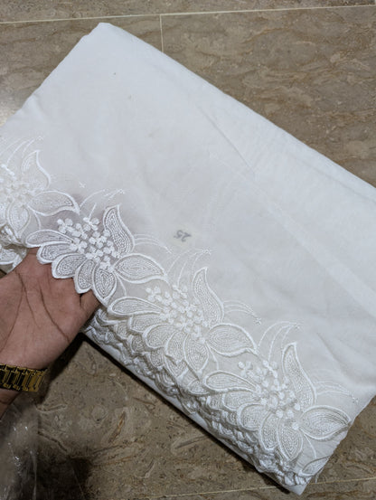 White Voile Lawn Scallop Dupatta with White Viscose Embroidery – Dyeable