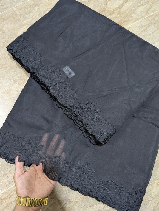Black Voile Lawn Scallop Embroidered Dupatta with Black Embroidery