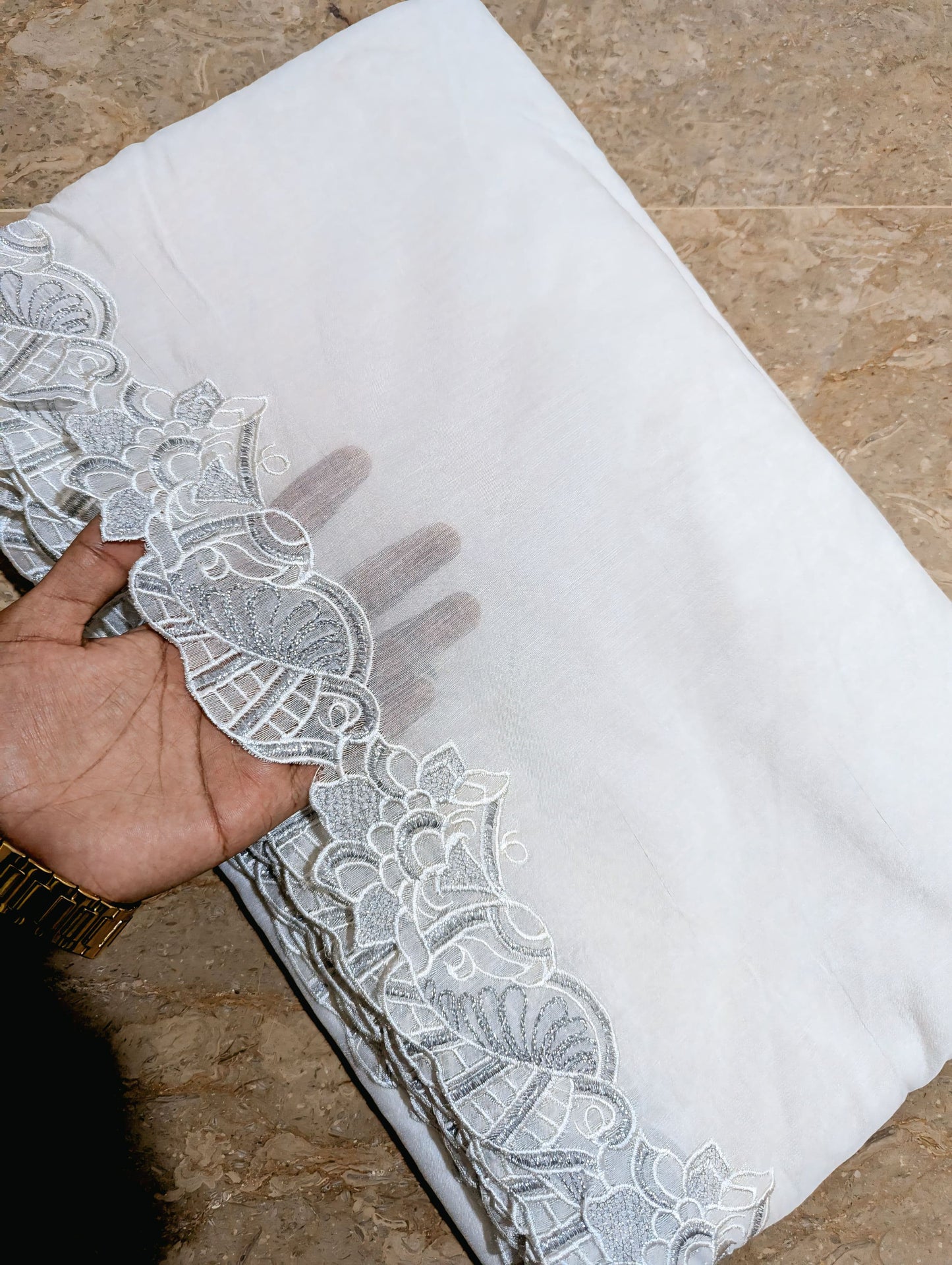 White Voile Lawn Scallop Dupatta with White & Silver Two-Tone Embroidery – Dyeable