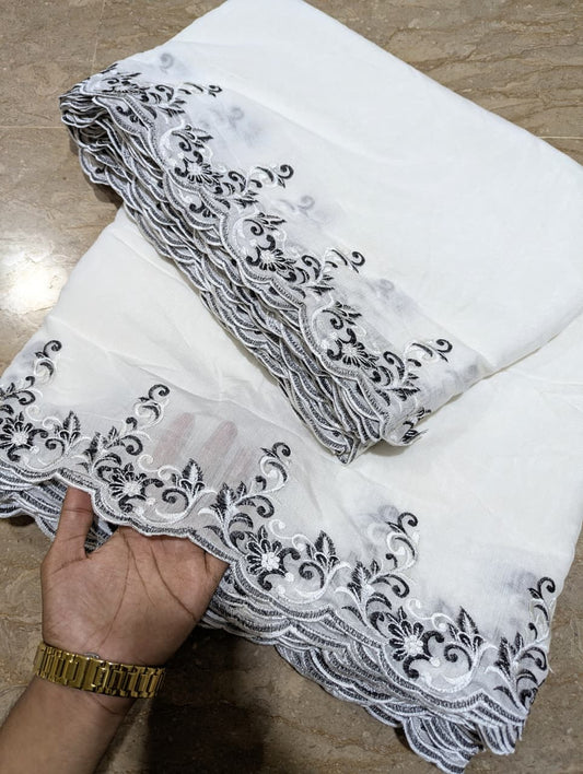 White Voile Lawn Scallop Dupatta with White & Black Two-Tone Embroidery – Dyeable