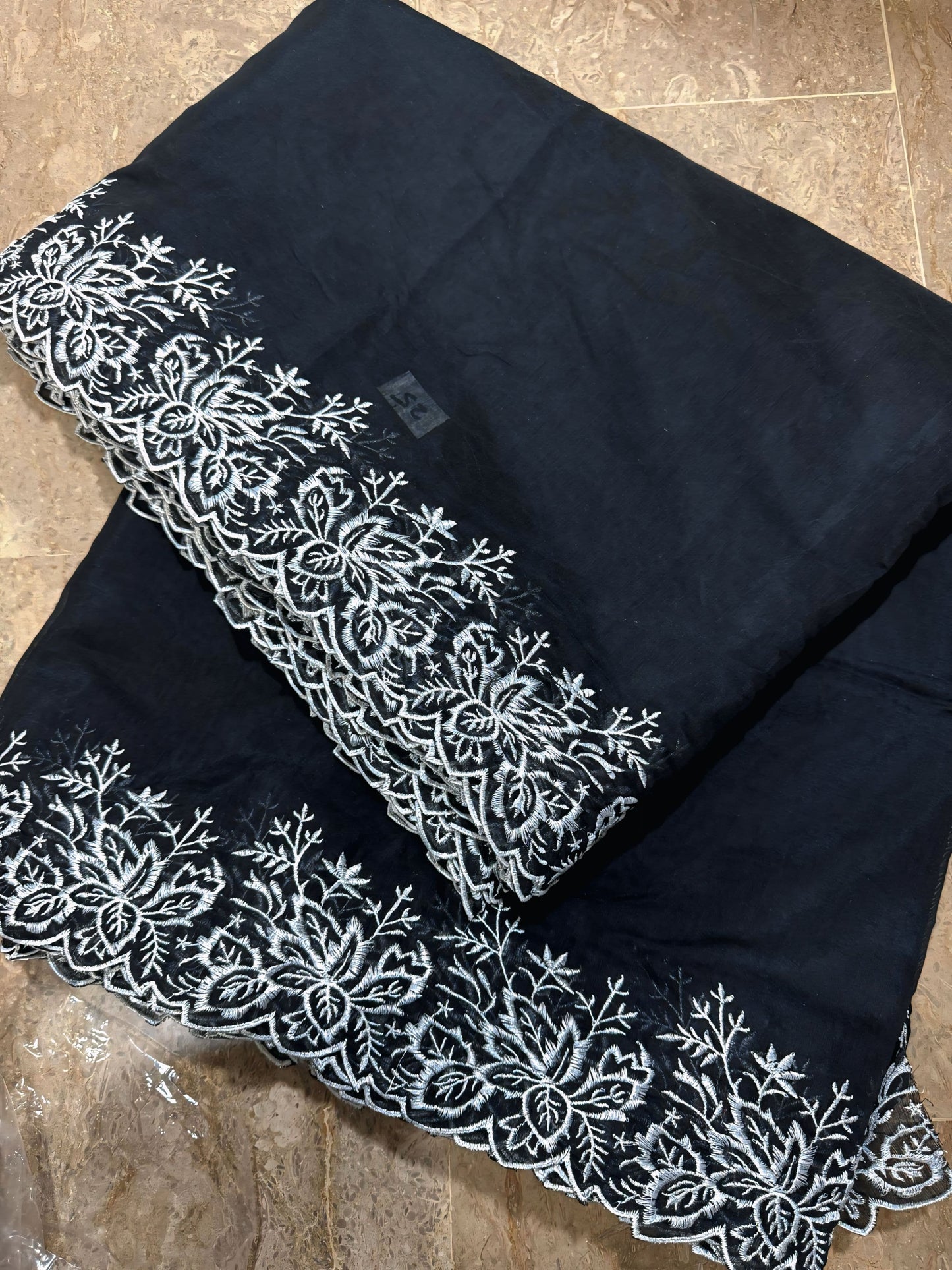 Black Voile Lawn Scallop Dupatta with White Embroidery
