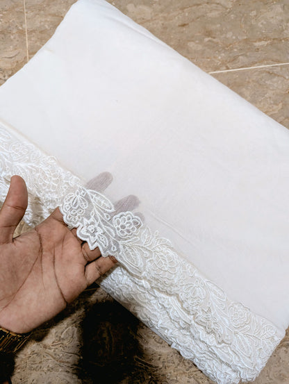 White Voile Lawn Scallop Dupatta with White Viscose Embroidery – Dyeable