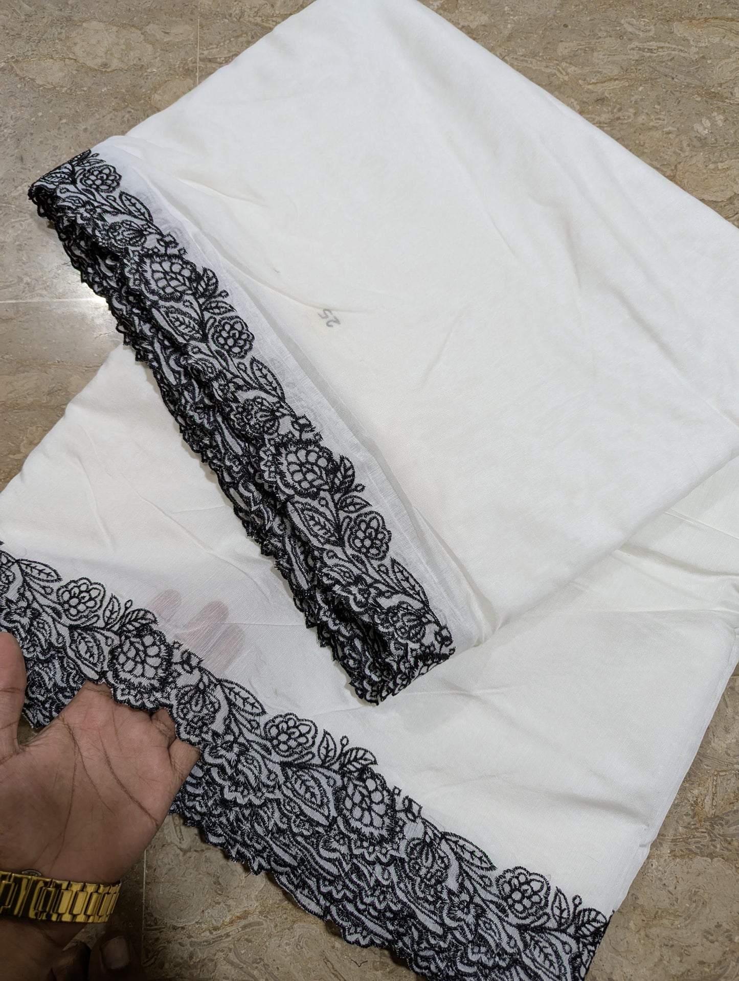 Dyeable White Voile Lawn Scallop Dupatta with Black Embroidery