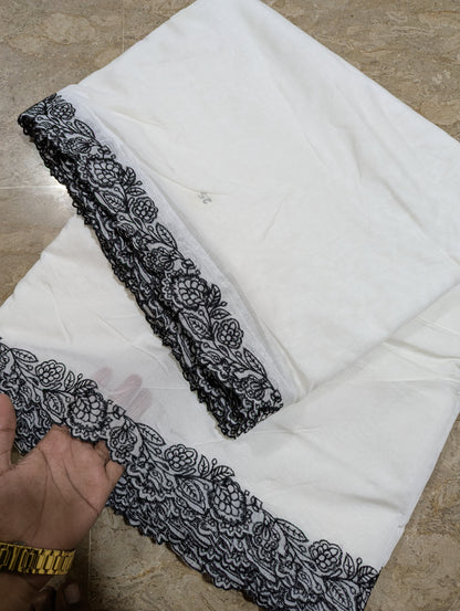 Dyeable White Voile Lawn Scallop Dupatta with Black Embroidery