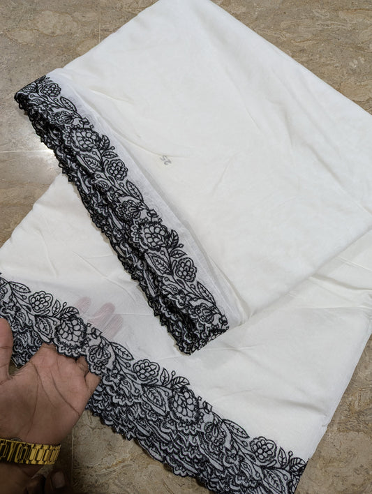 Dyeable White Voile Lawn Scallop Dupatta with Black Embroidery