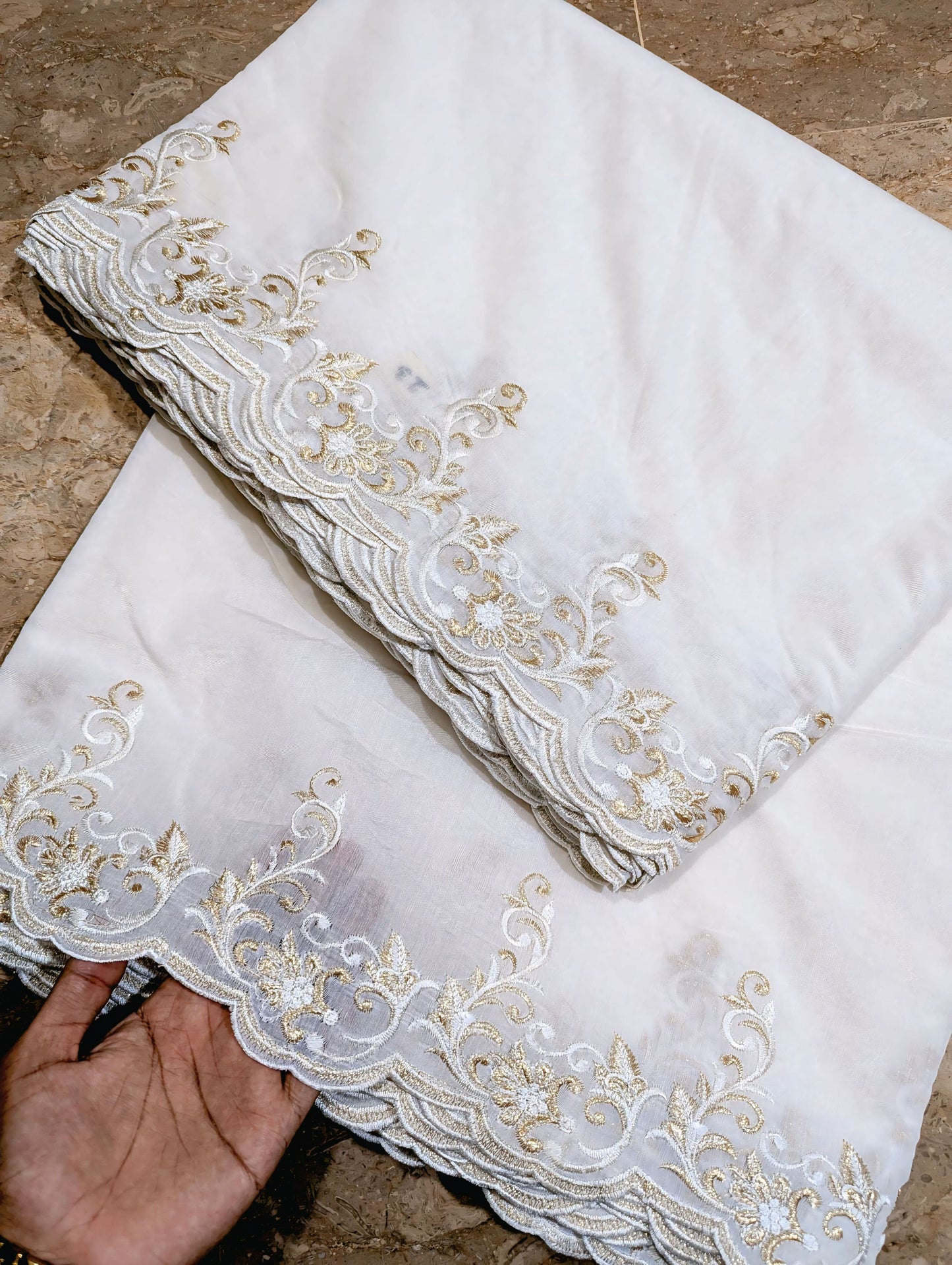(New) White Voile Lawn Scallop Dupatta with White & Golden Two-Tone Embroidery – Dyeable