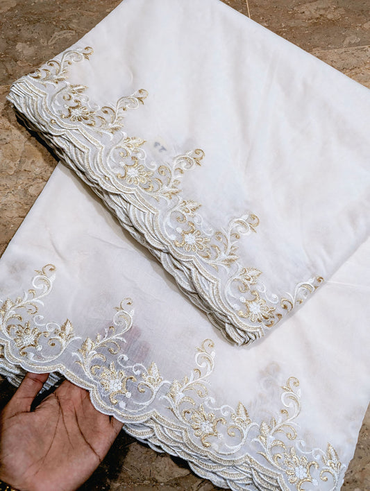 (New) White Voile Lawn Scallop Dupatta with White & Golden Two-Tone Embroidery – Dyeable