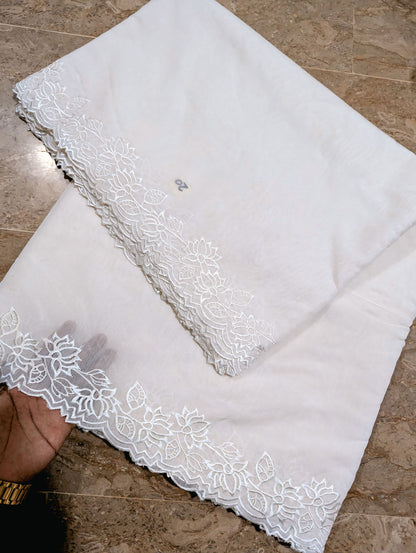 White Voile Lawn Scallop Dupatta with White Viscose Embroidery – Dyeable