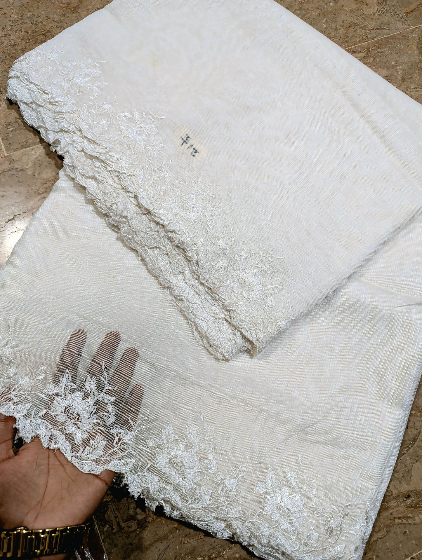 White Khadi Net Scallop Dupatta – Dyable, Viscose Embroidery