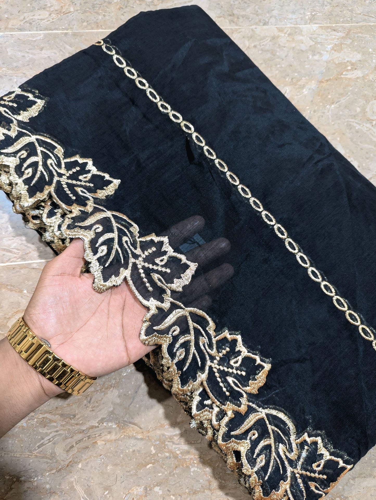 Black Voile Lawn Scallop Dupatta with Golden Metallic Zari Embroidery