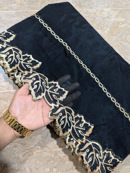 Black Voile Lawn Scallop Dupatta with Golden Metallic Zari Embroidery