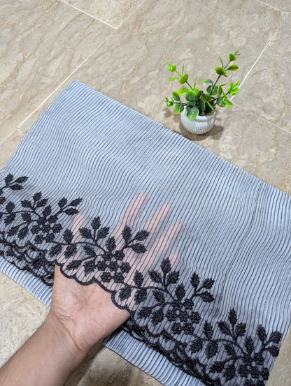 Dyeable White Black Self Lining Organza Scallop Dupatta with Black Embroidery