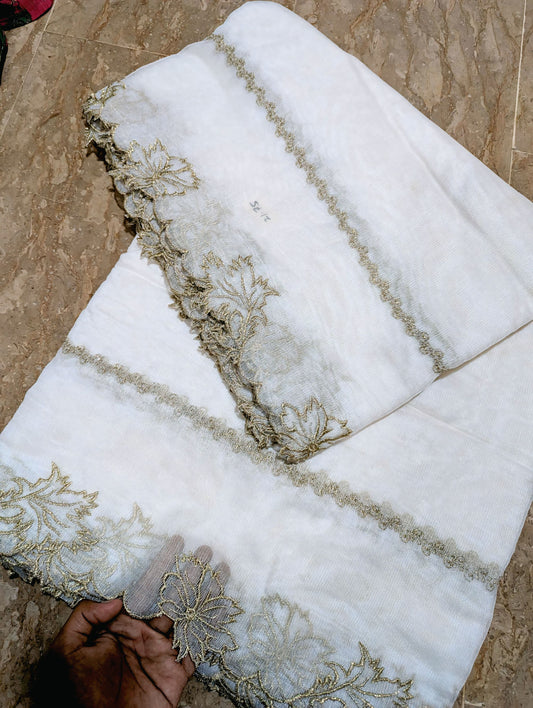 White Embroidered Cutwork Dupatta on Khadi Net with Golden – Dyable