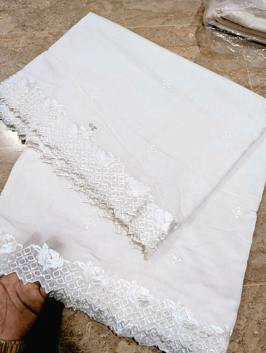 White Voile Lawn Scallop Dupatta with White Viscose Embroidery – Dyeable