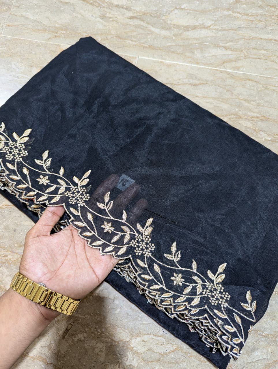 Black Voile Lawn Scallop Dupatta with Golden Embroidery