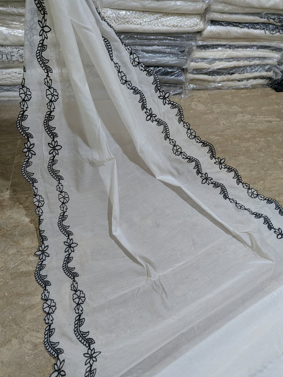 Voile Lawn Scalloped Dupatta with Black Embroidery