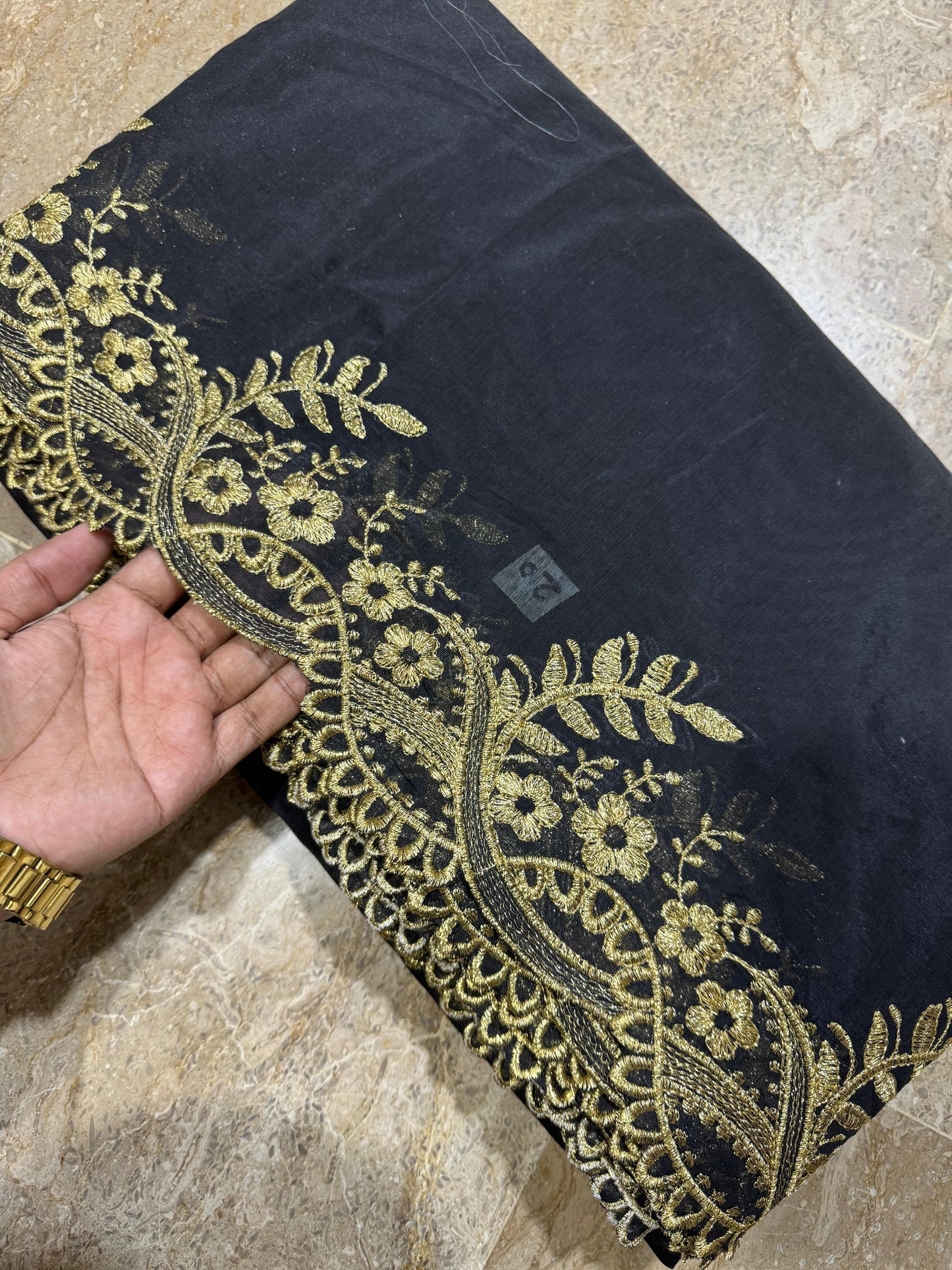 Black Voile Lawn Scallop Dupatta with Golden Embroidery