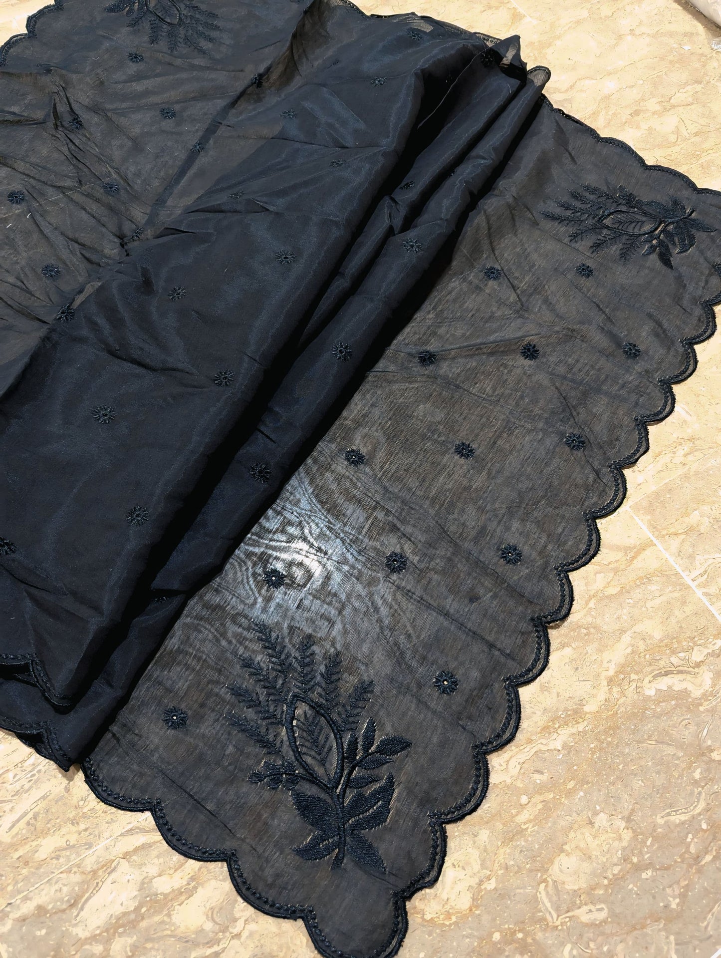 Black Voile Lawn 4-Sided Scallop Dupatta with Black Polyester Embroidery